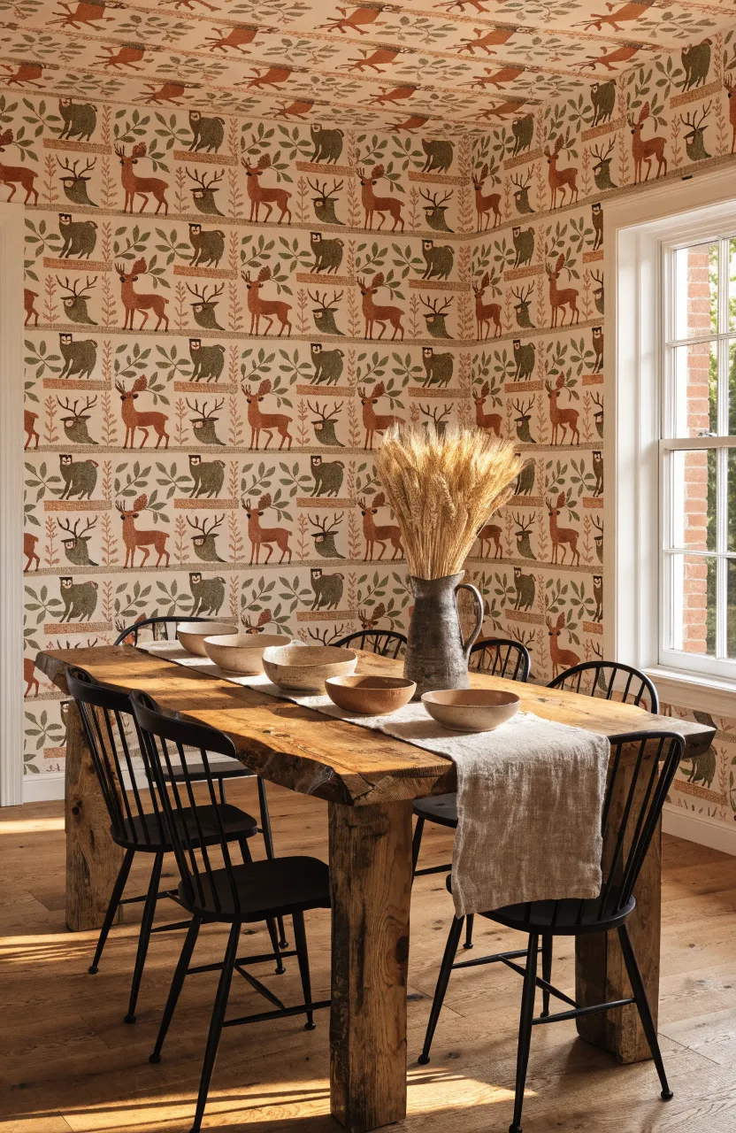 A rustic dining room with terracotta and ochre block-print wallpaper featuring forest animals.