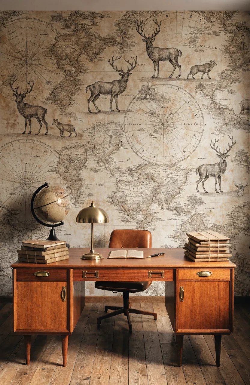 A home office with vintage sepia map wallpaper featuring sketches of forest wildlife behind a desk.