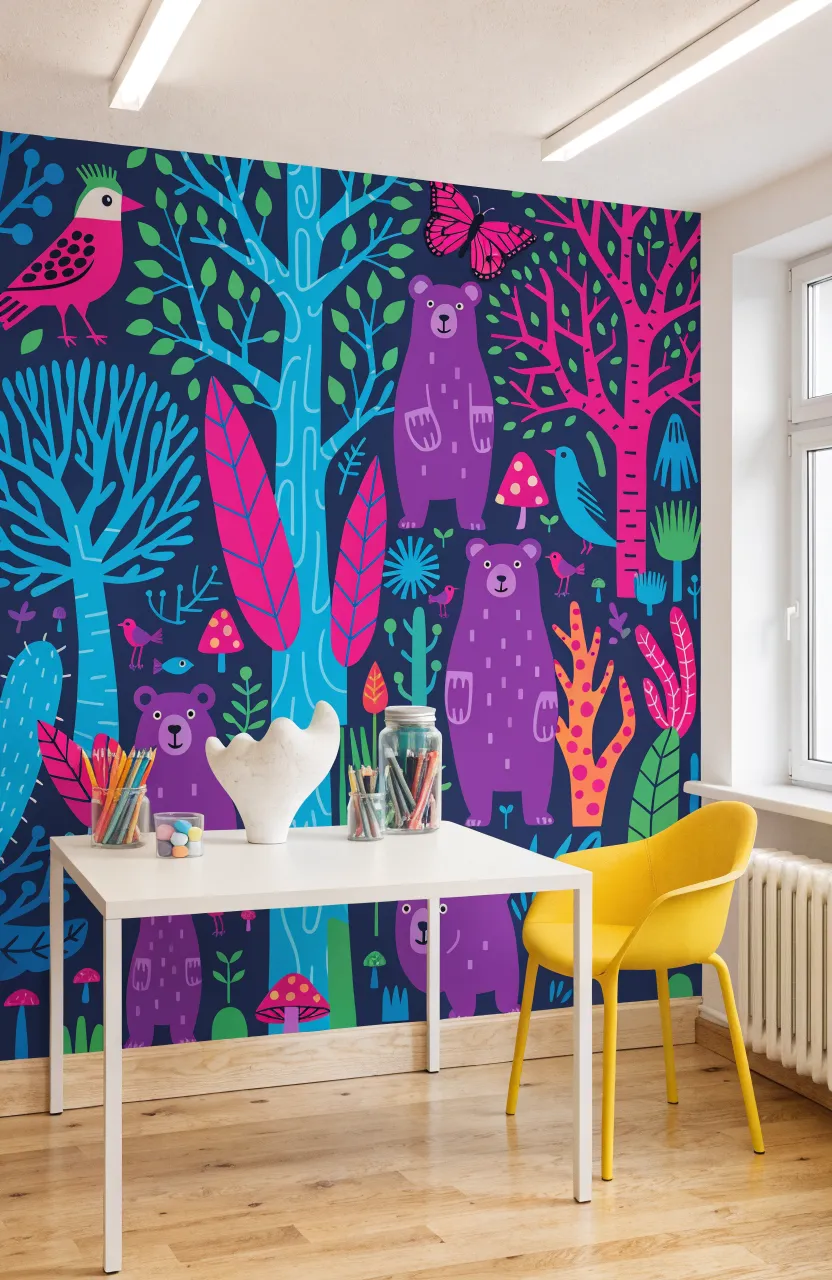 A creative studio with vibrant, modern illustrated wallpaper featuring turquoise trees and purple bears.
