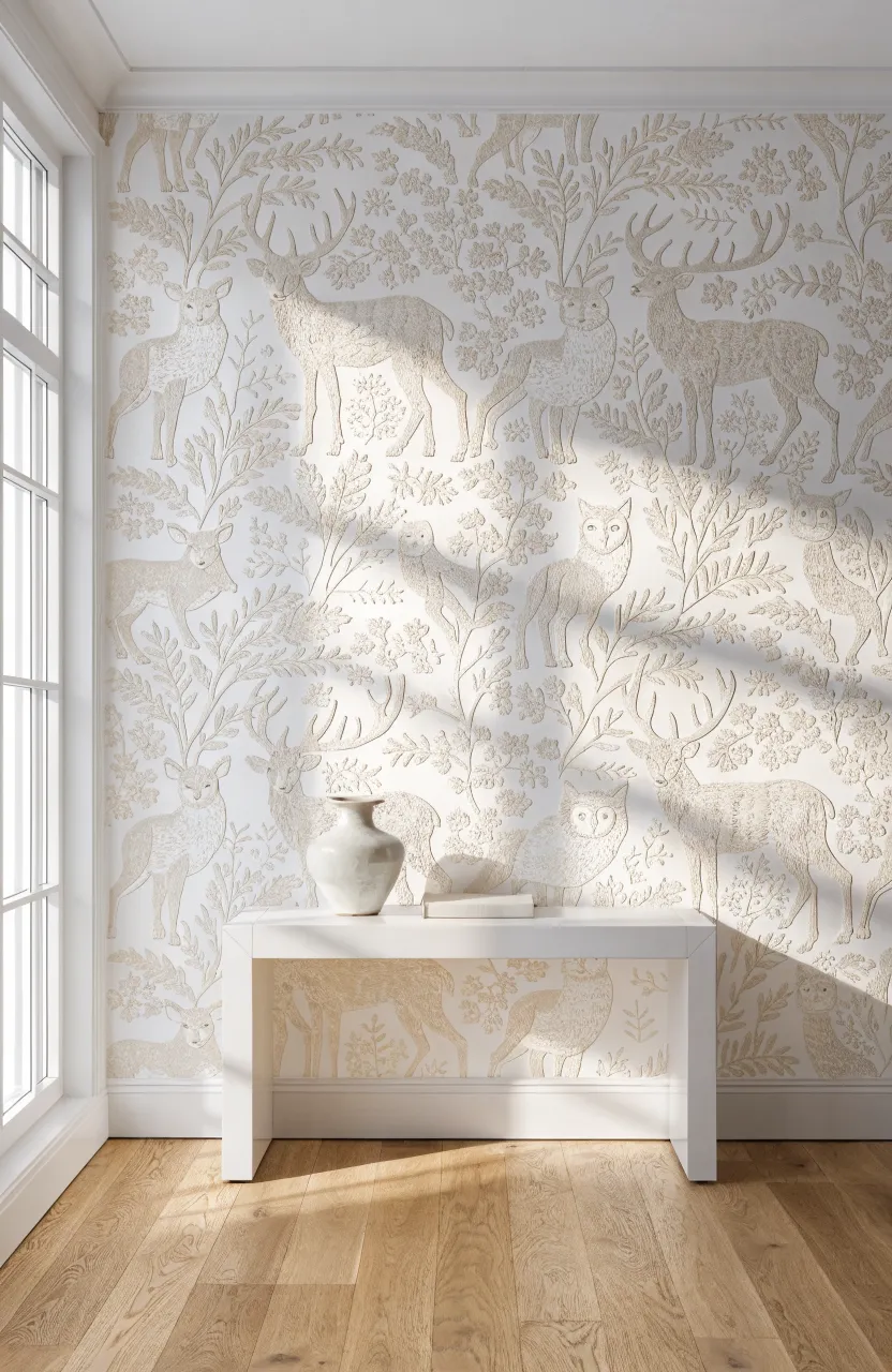 Sophisticated cream-on-white embossed wallpaper featuring textured woodland animal outlines.