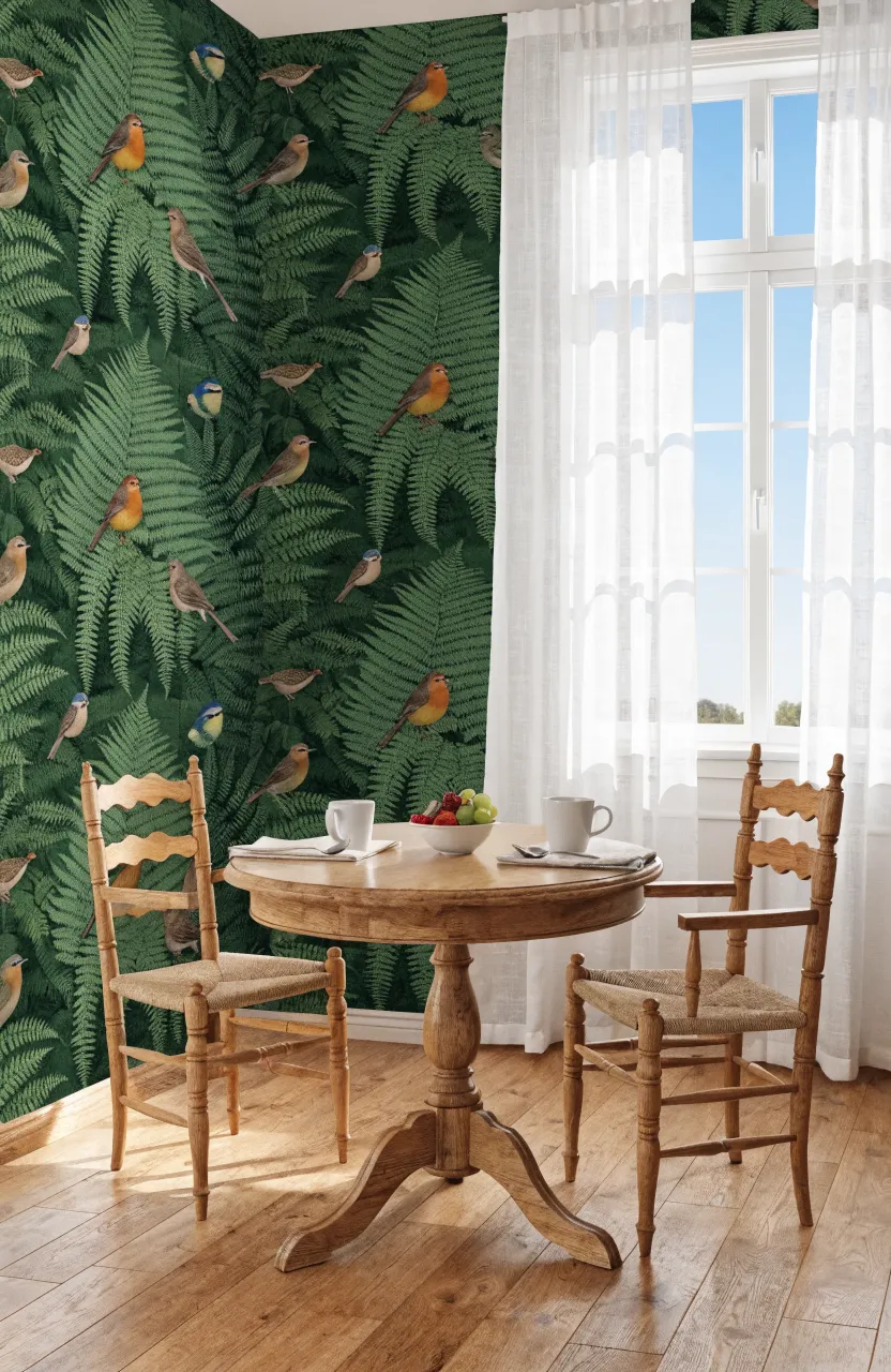A breakfast nook with lush green fern wallpaper featuring small hidden colorful birds.