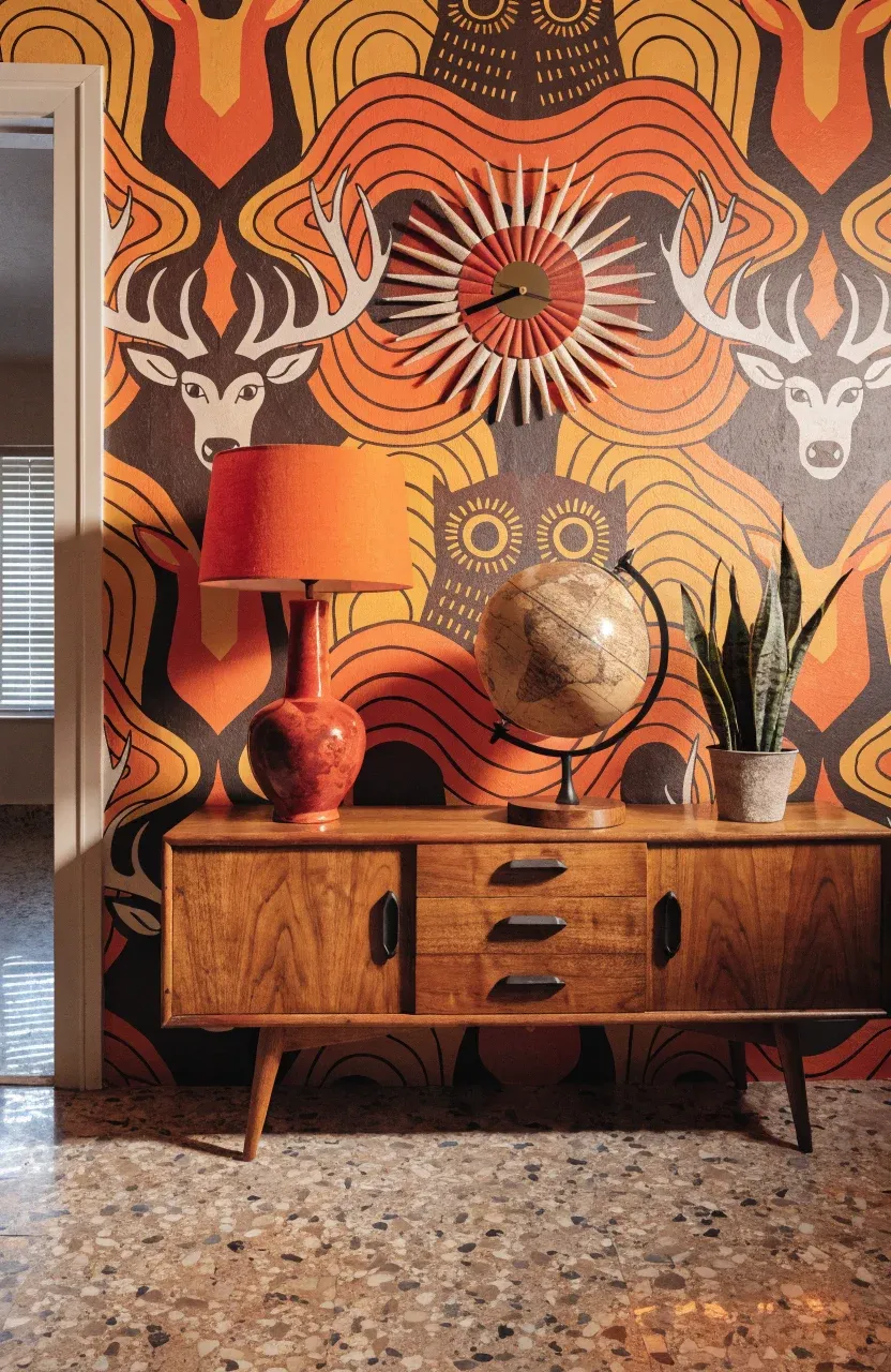 Retro 1970s style woodland wallpaper with mustard and orange stylized forest animals.