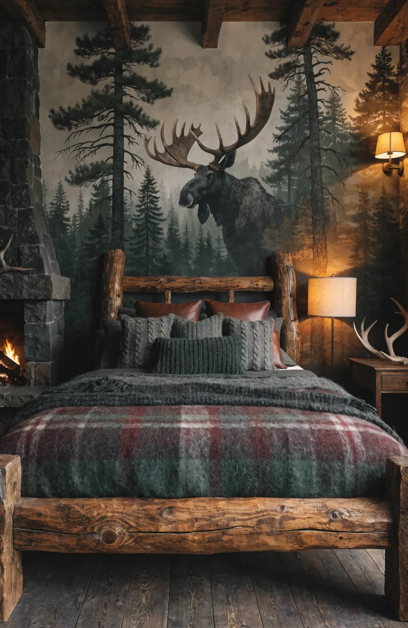 A rustic cabin bedroom with large-scale moose and pine tree patterned wallpaper.
