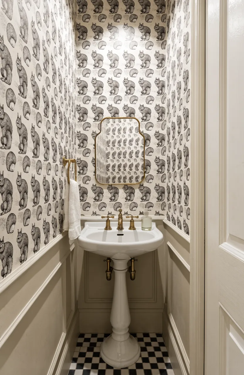 Intricate black and white pen-style wallpaper with a repeating squirrel and nut pattern.
