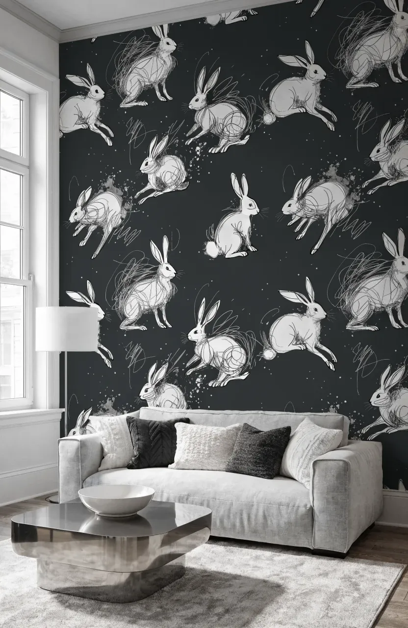 Modern room with charcoal wallpaper featuring white rabbit prints in various poses.