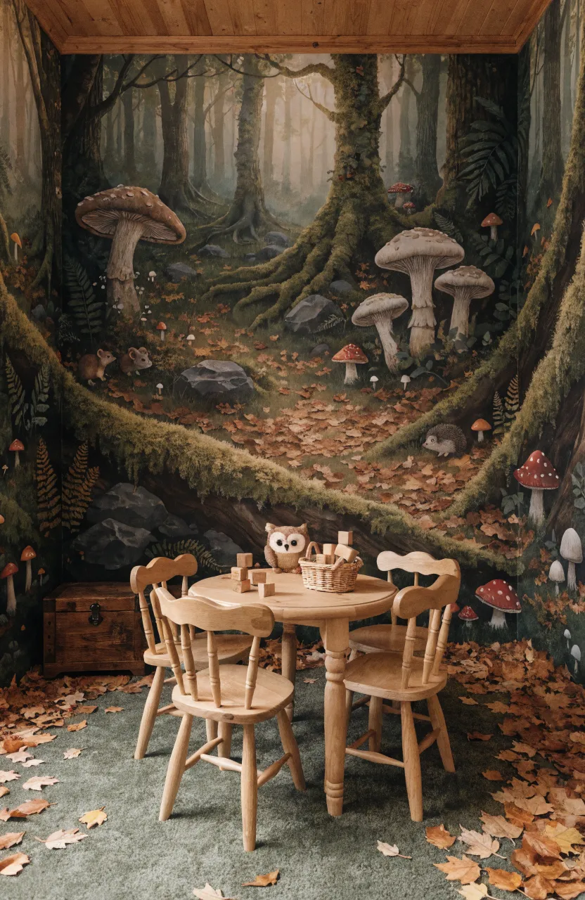 A magical child's playroom with a storybook-style mural of a forest floor and small animals.