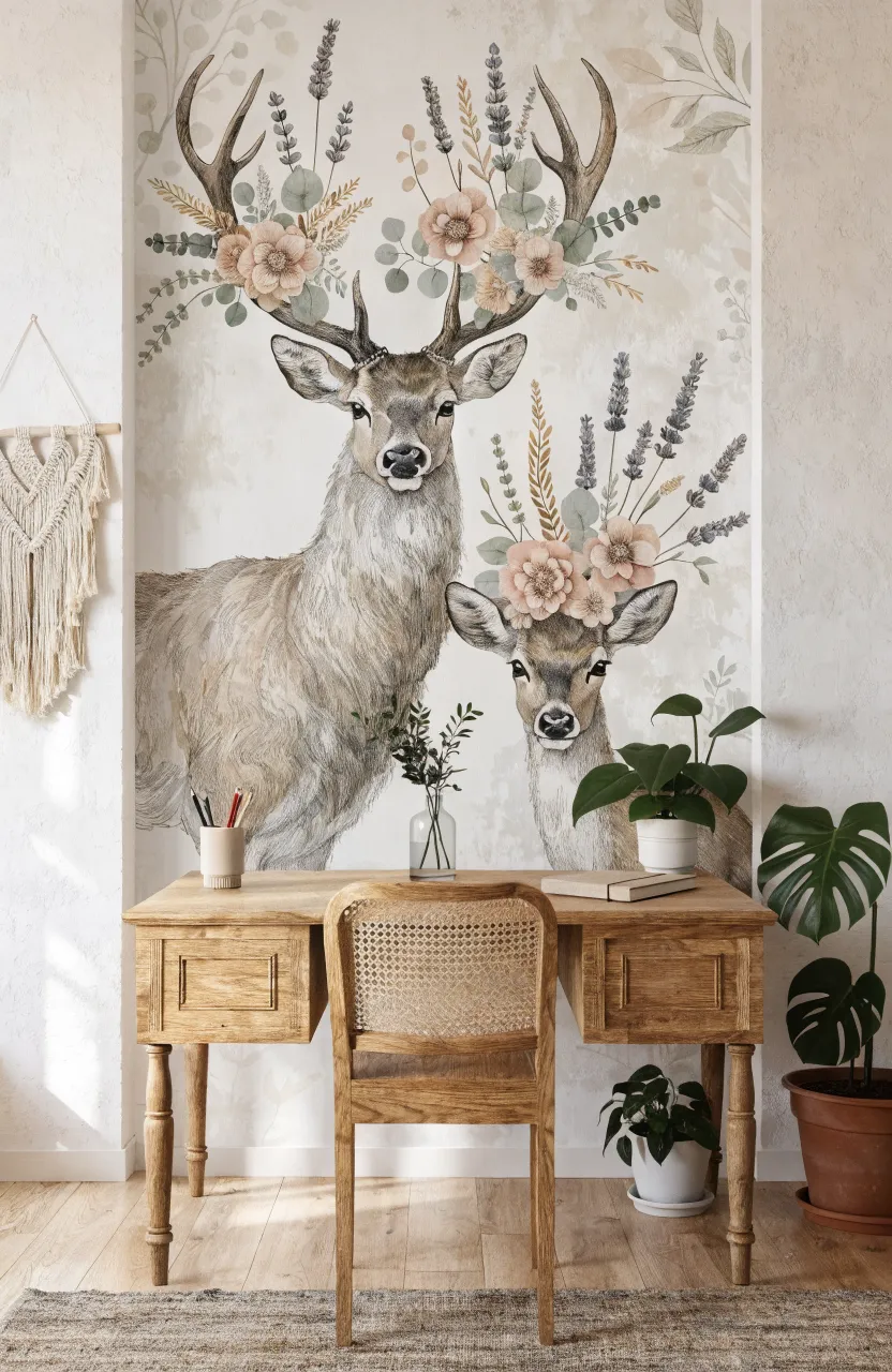 A bohemian home office featuring wallpaper with deer wearing floral crowns behind a wooden desk.
