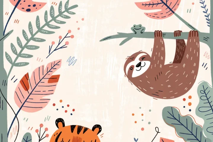 A soft-toned vertical mural featuring a friendly tiger, a hanging sloth, and a toucan on a cream linen-textured background.