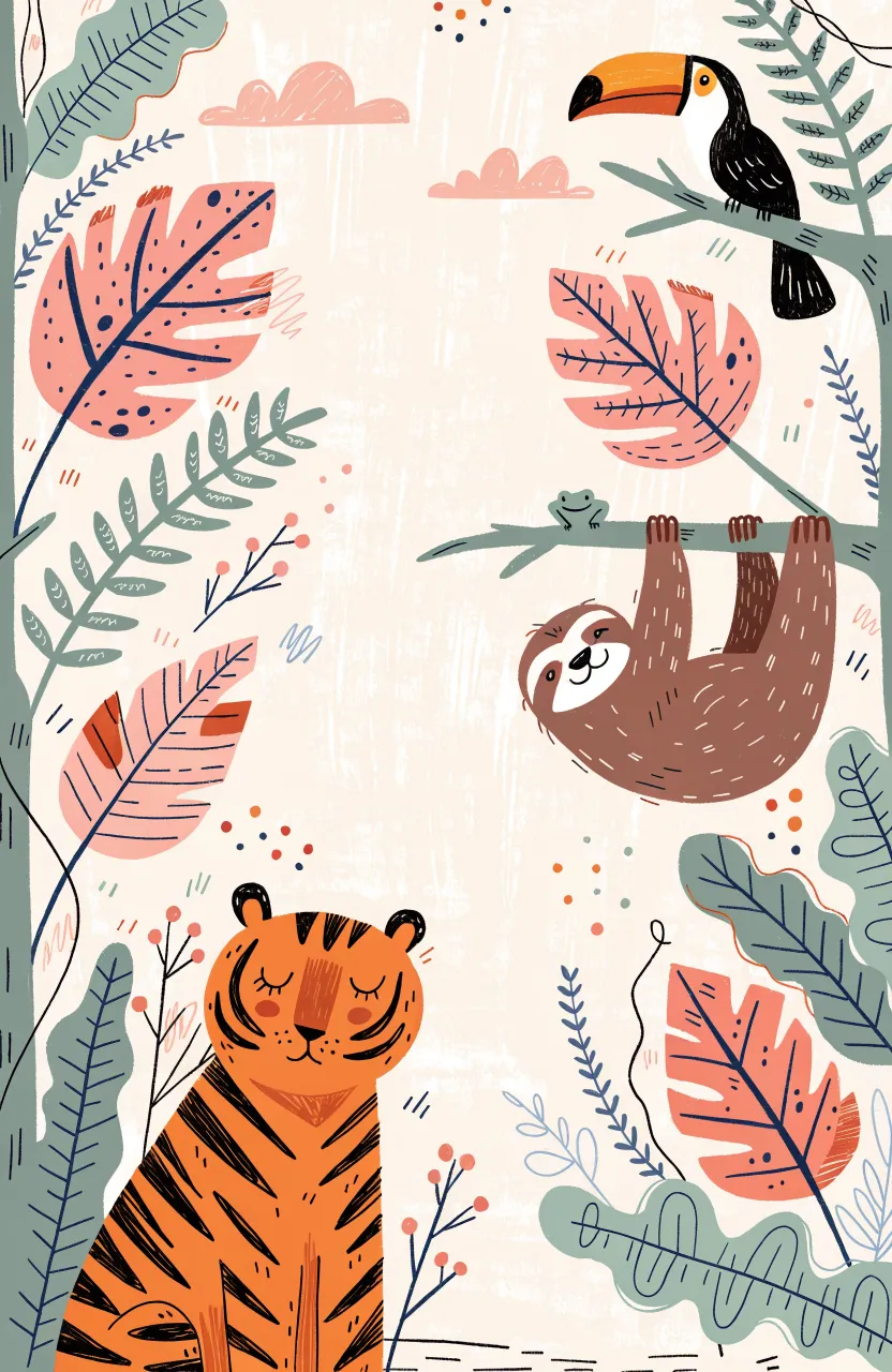 A soft-toned vertical mural featuring a friendly tiger, a hanging sloth, and a toucan on a cream linen-textured background.