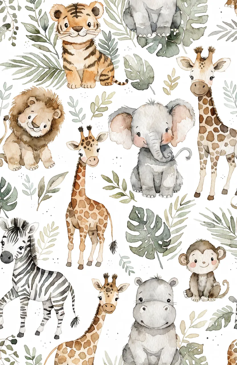 A seamless watercolor pattern of baby tigers, lions, elephants, and giraffes on a crisp white background.