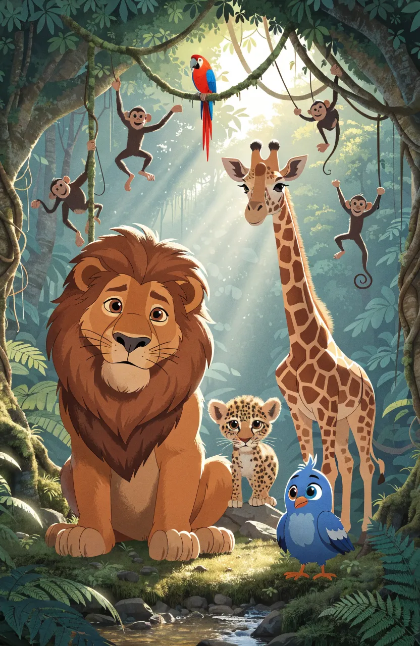 Vibrant 3D-style illustration of a jungle clearing with a lion, giraffe, and monkeys under volumetric sunlight.