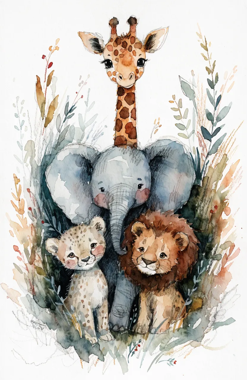 A tight-knit group of watercolor baby animals including a giraffe, elephant, lion, and cheetah cub.