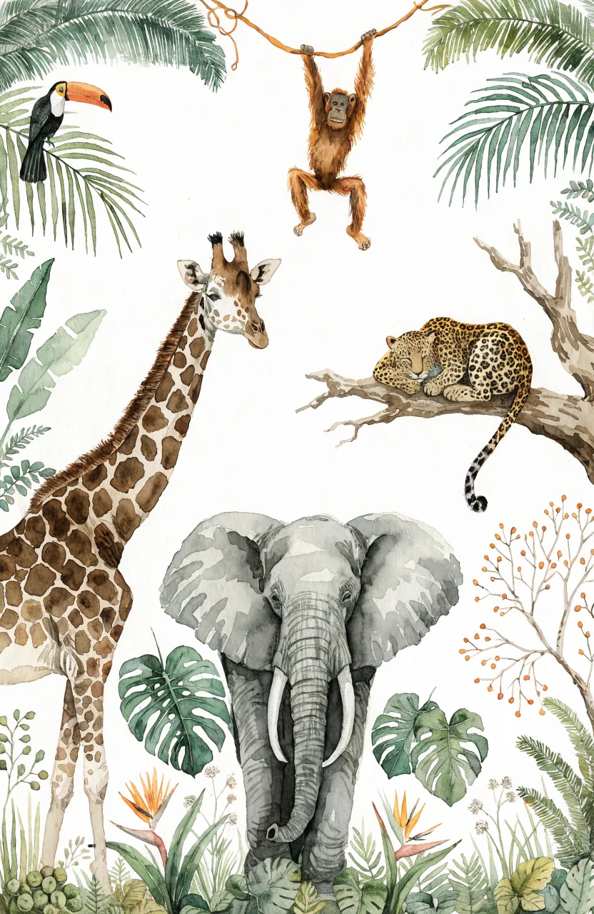 A wide watercolor mural featuring a central elephant, a tall giraffe, and a leopard napping on a tree branch.