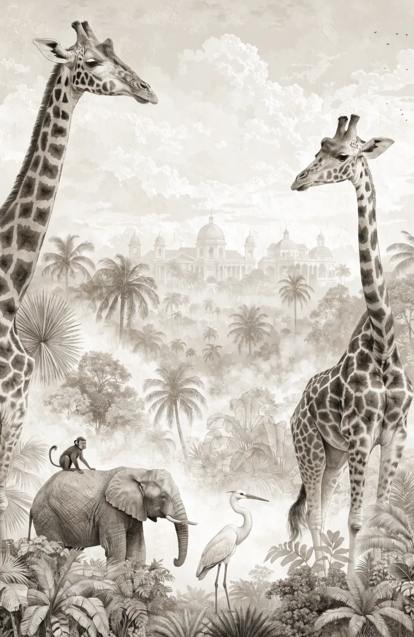 A monochromatic beige and cream safari mural with misty palms and detailed engravings of elephants and giraffes.