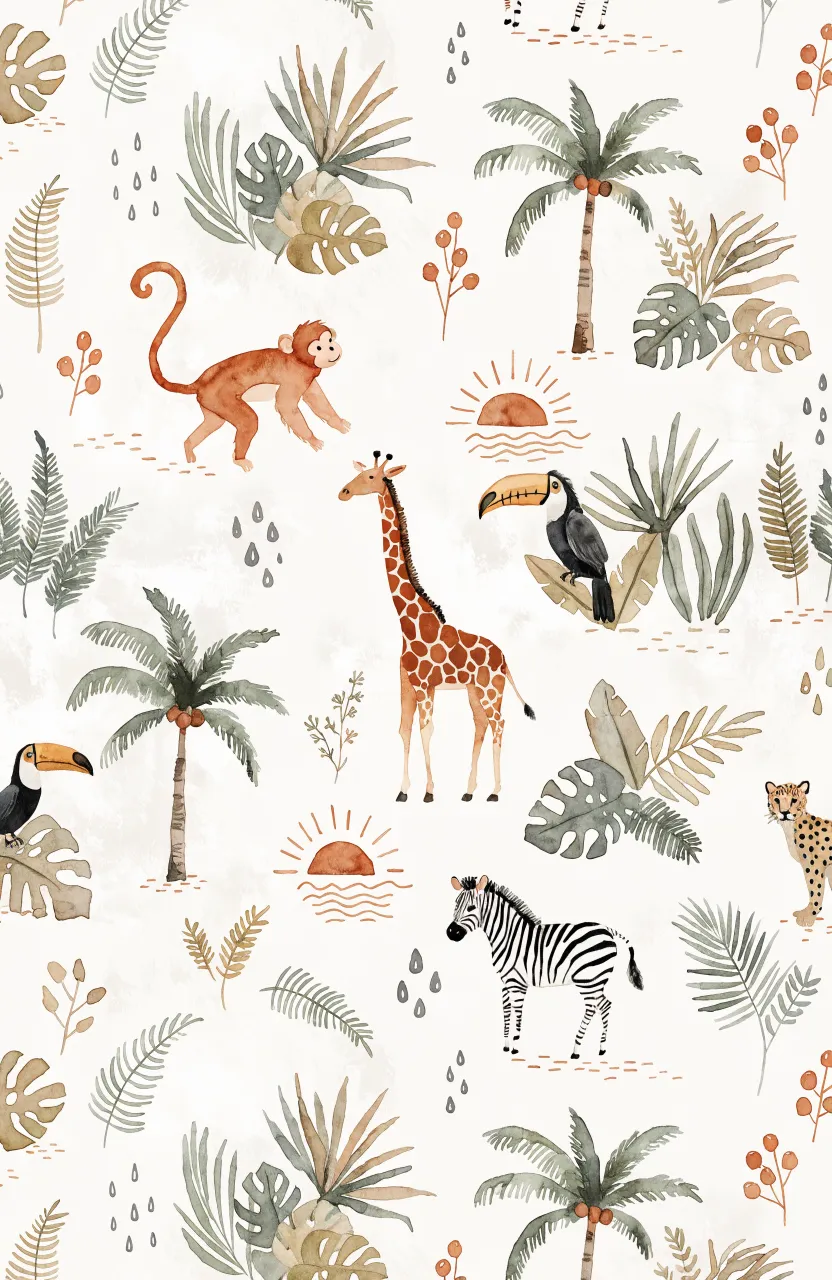 A whimsical nursery pattern on off-white paper featuring monkeys, zebras, and sun icons in sage and terracotta.