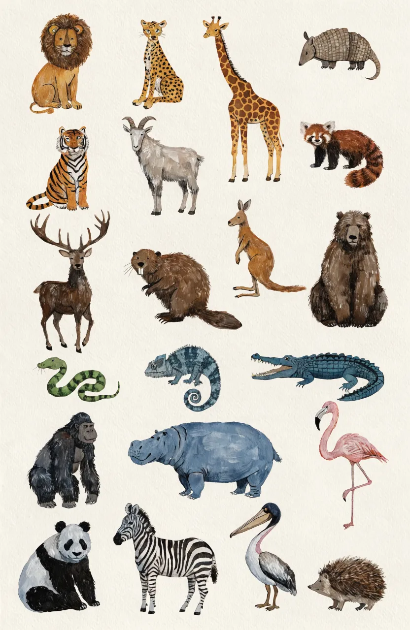 A grid of 20 hand-painted animal illustrations including lions, tigers, and pandas on a light textured canvas.