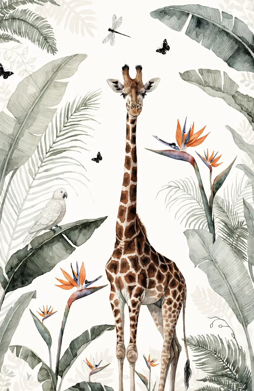 Close-up illustration of a graceful giraffe surrounded by large sage-green banana leaves and cockatoos.