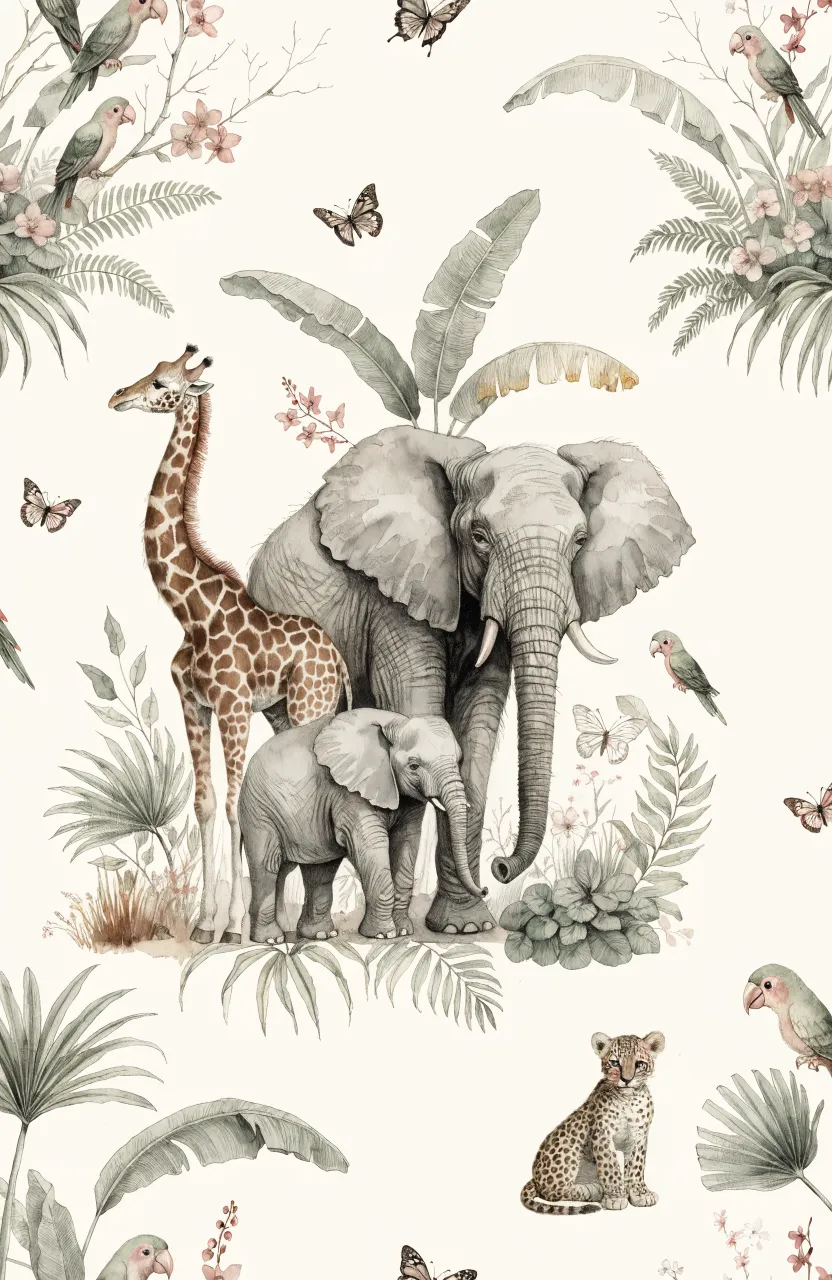 Seamless watercolor wallpaper featuring elephants, giraffes, and parrots with fine graphite pencil outlines.