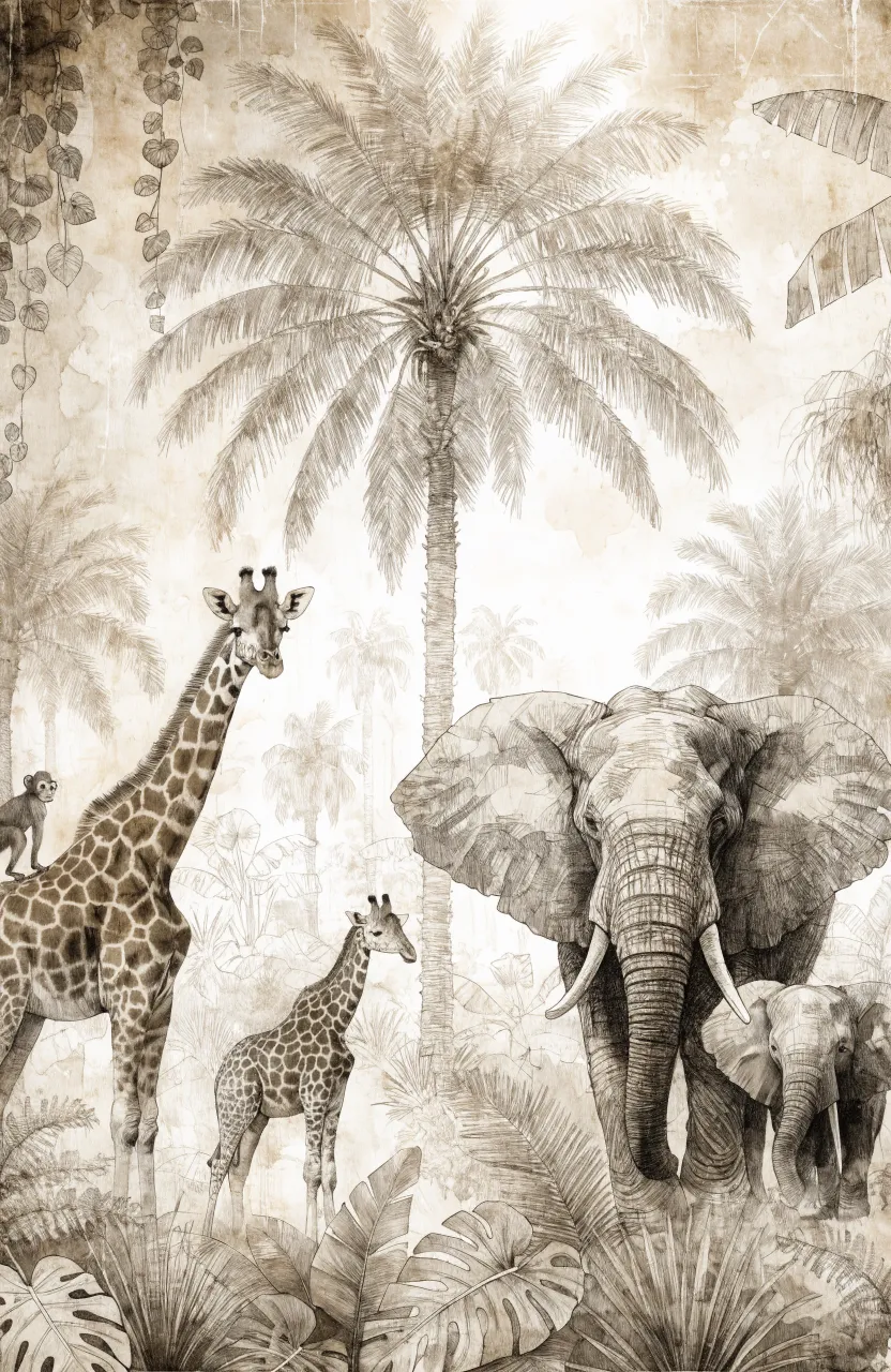 Vintage-style safari mural in warm beige and sepia with detailed giraffes, elephants, and tall palms.