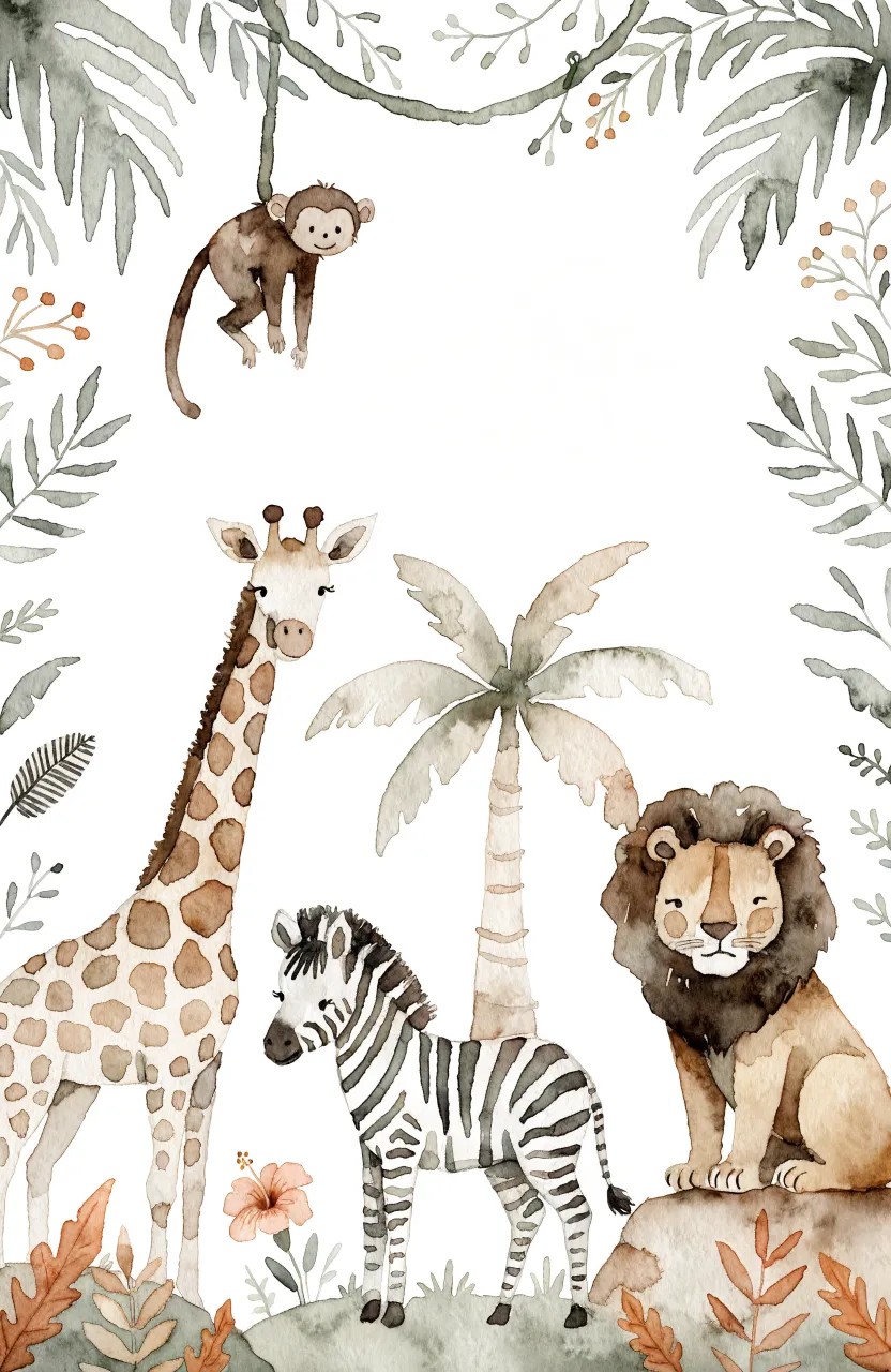 A minimalist mural featuring a monkey hanging from a vine, a giraffe, a zebra foal, and a sitting lion.
