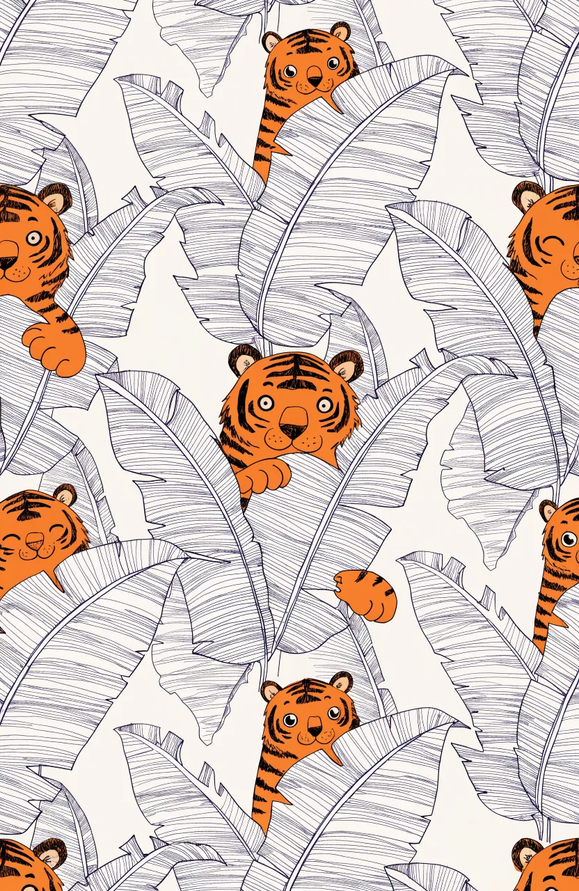 Stylized tigers peeking through large blue-outlined leaves on an off-white background.