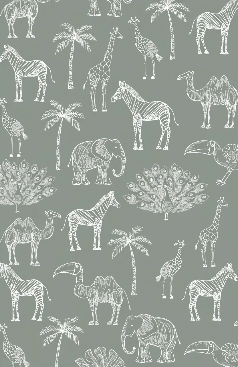 White line drawings of safari animals and palm trees on a solid sage green-gray background.