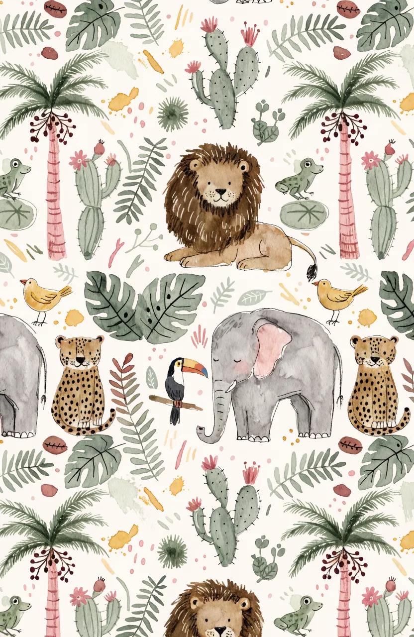 A seamless repeat pattern of happy lions, elephants, and leopards with colorful palms and cacti.