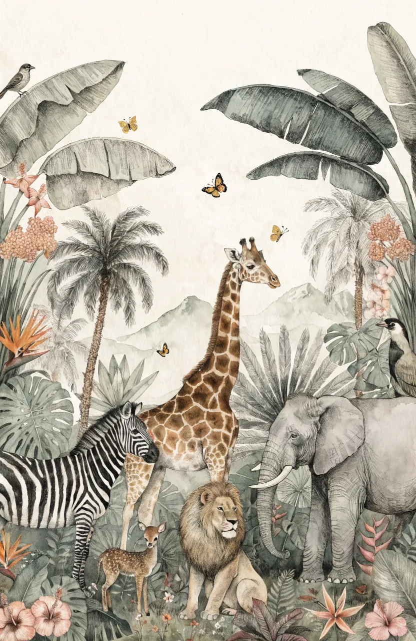 A panoramic nursery mural featuring a zebra, giraffe, lion, and elephant with misty mountains in the background.