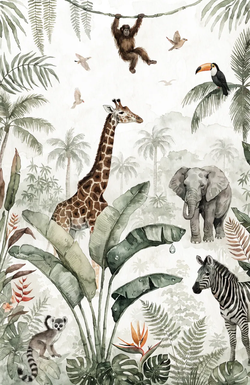 A watercolor mural of animals in a misty jungle with desaturated green hills and vibrant toucans.