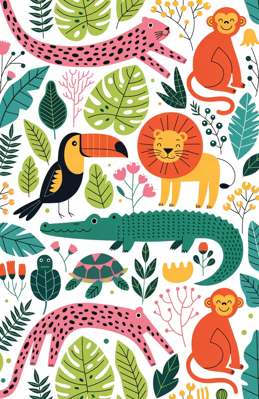 A vibrant pattern of pink leopards, orange lions, and green crocodiles on a white background.
