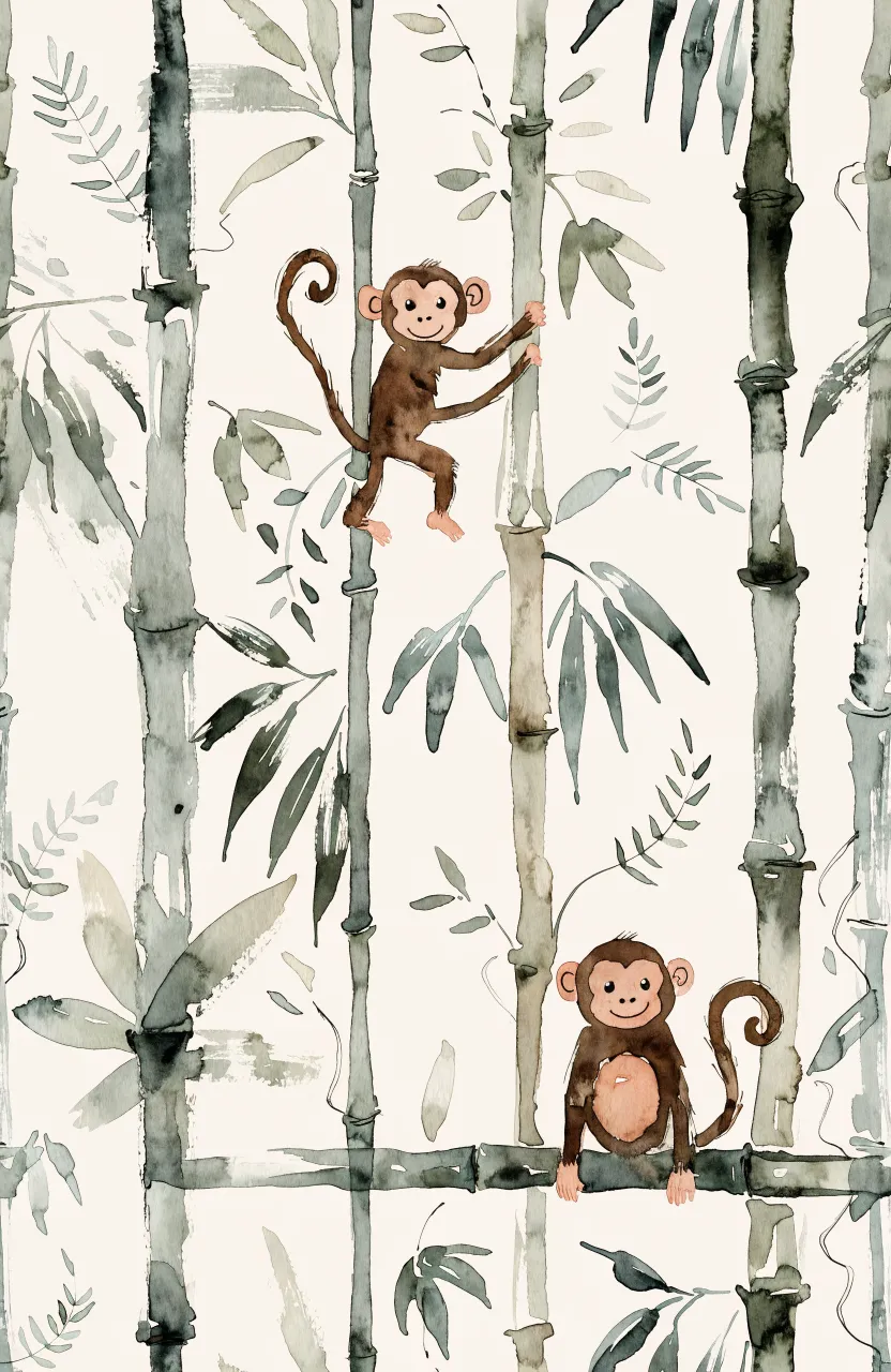 A soft watercolor pattern featuring brown monkeys climbing sage green bamboo stalks on a cream background.