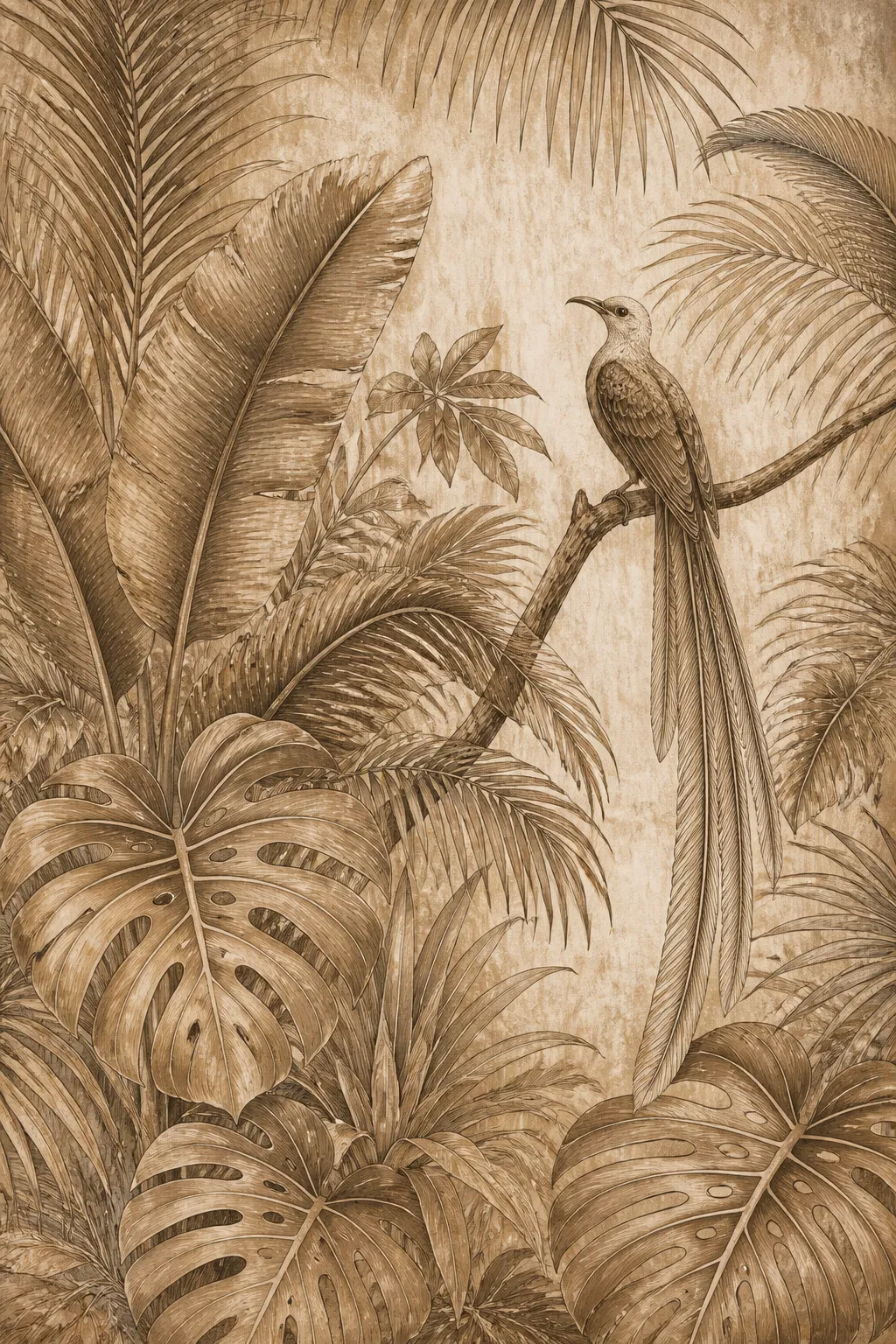 Vintage botanical mural in sepia tones featuring a tropical bird and monstera leaves.