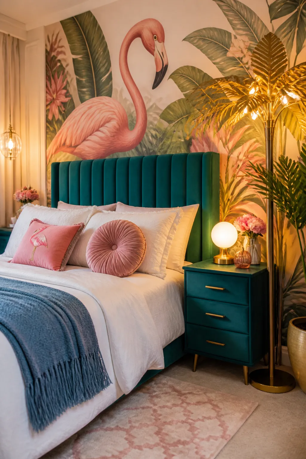 Luxury bedroom with a flamingo and palm leaf mural behind a teal velvet headboard.