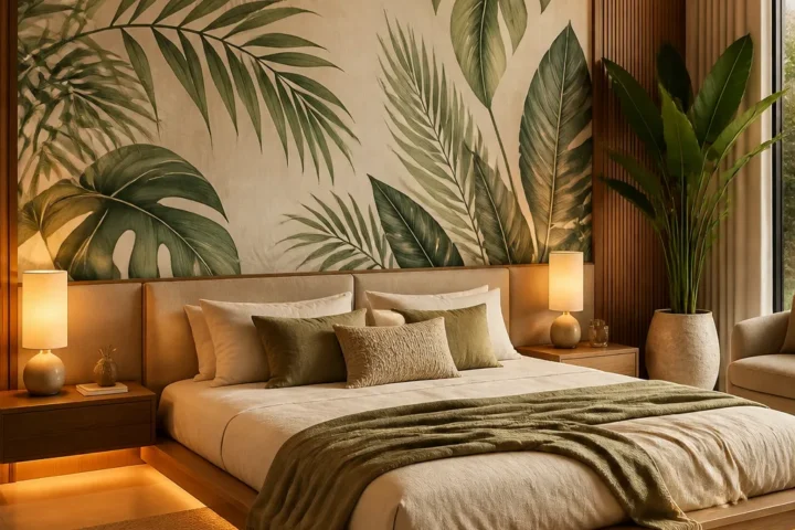 Contemporary bedroom with a large tropical leaf mural and warm architectural lighting.