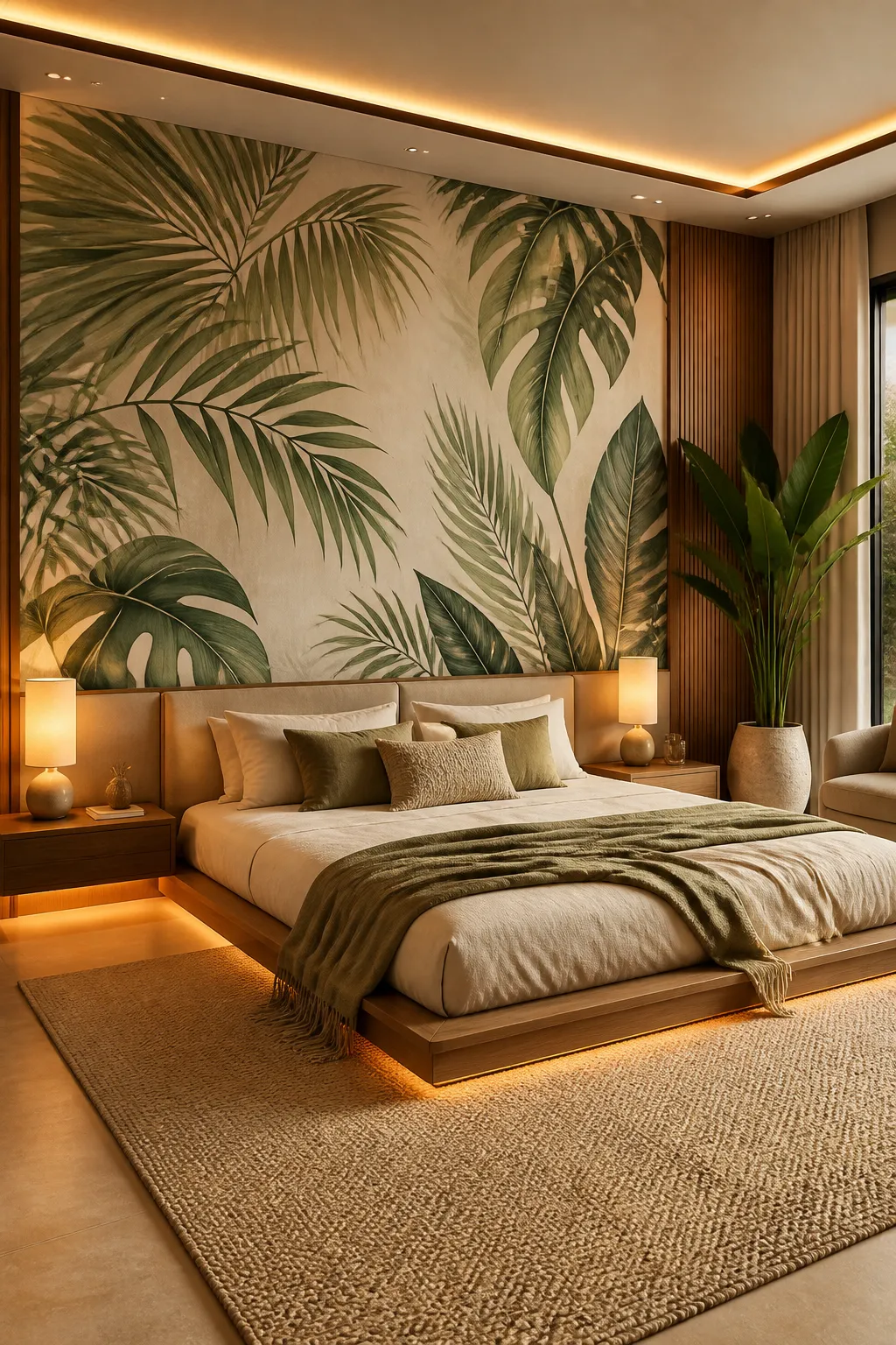 Contemporary bedroom with a large tropical leaf mural and warm architectural lighting.