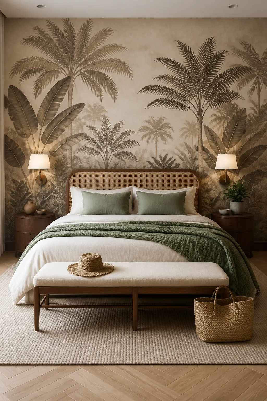 Minimalist bedroom featuring a sepia palm tree mural and sage green bedding.