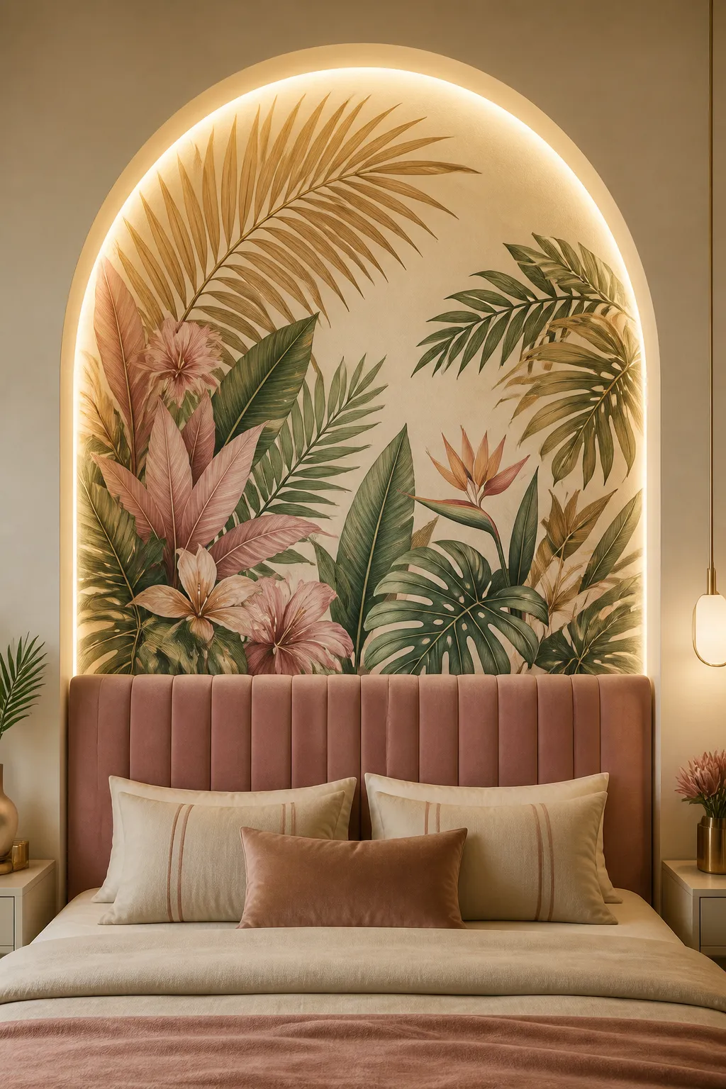 An arched wall recess with a tropical floral mural above a pink channel-tufted headboard.