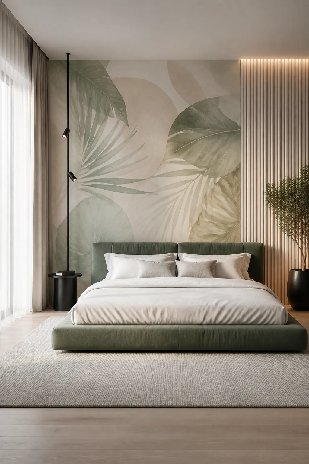 Modern master bedroom with abstract leaf mural and a sage green tufted bed.