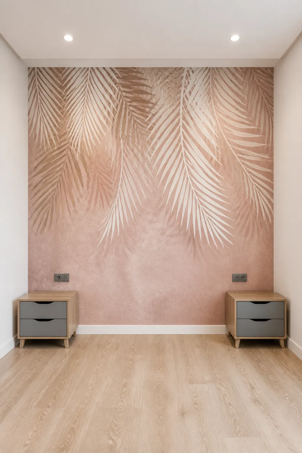 Symmetrical bedroom view showing a dusty rose and beige tropical palm leaf mural.