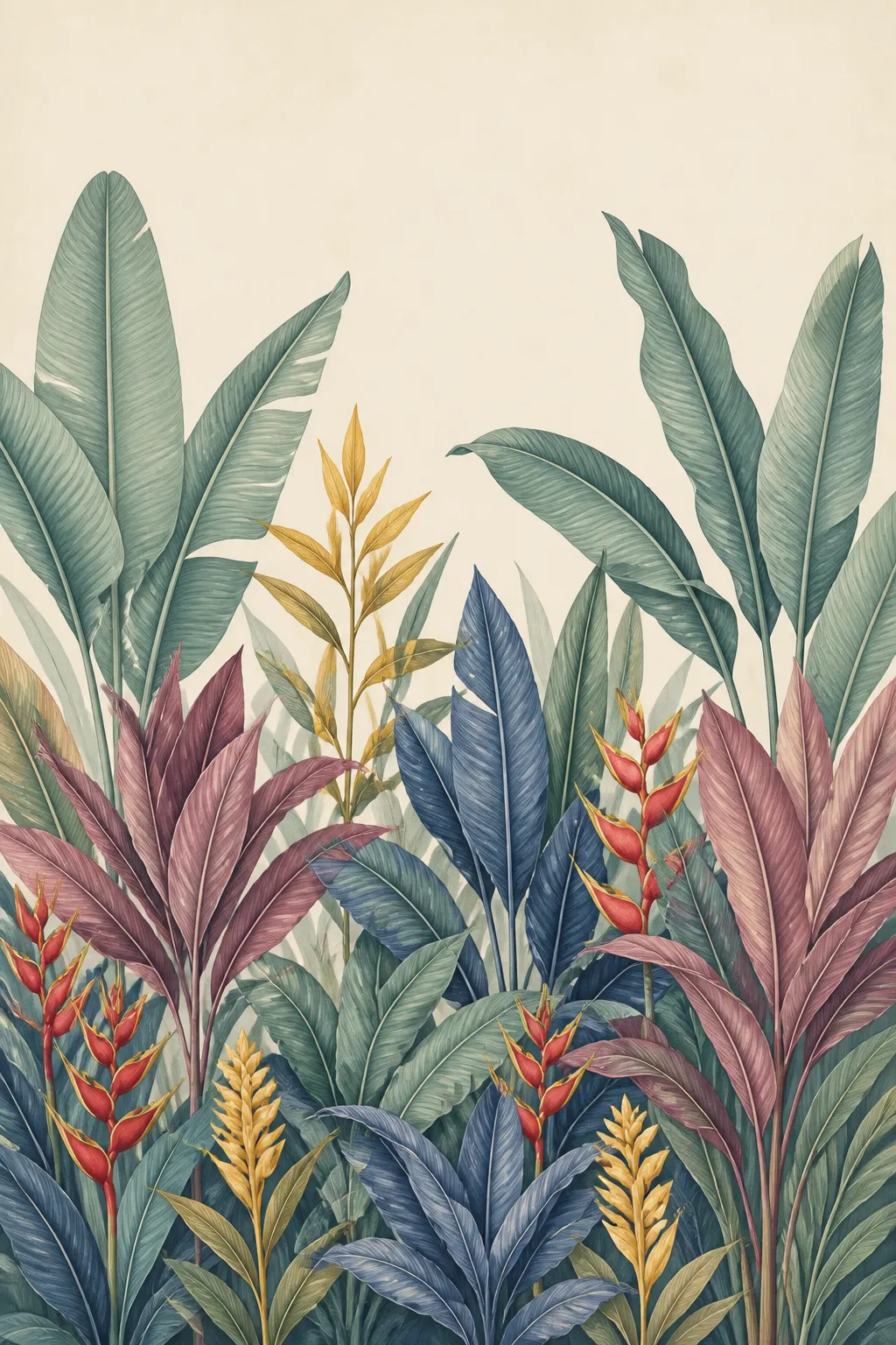 Panoramic botanical illustration with teal banana leaves and pink tropical flowers.