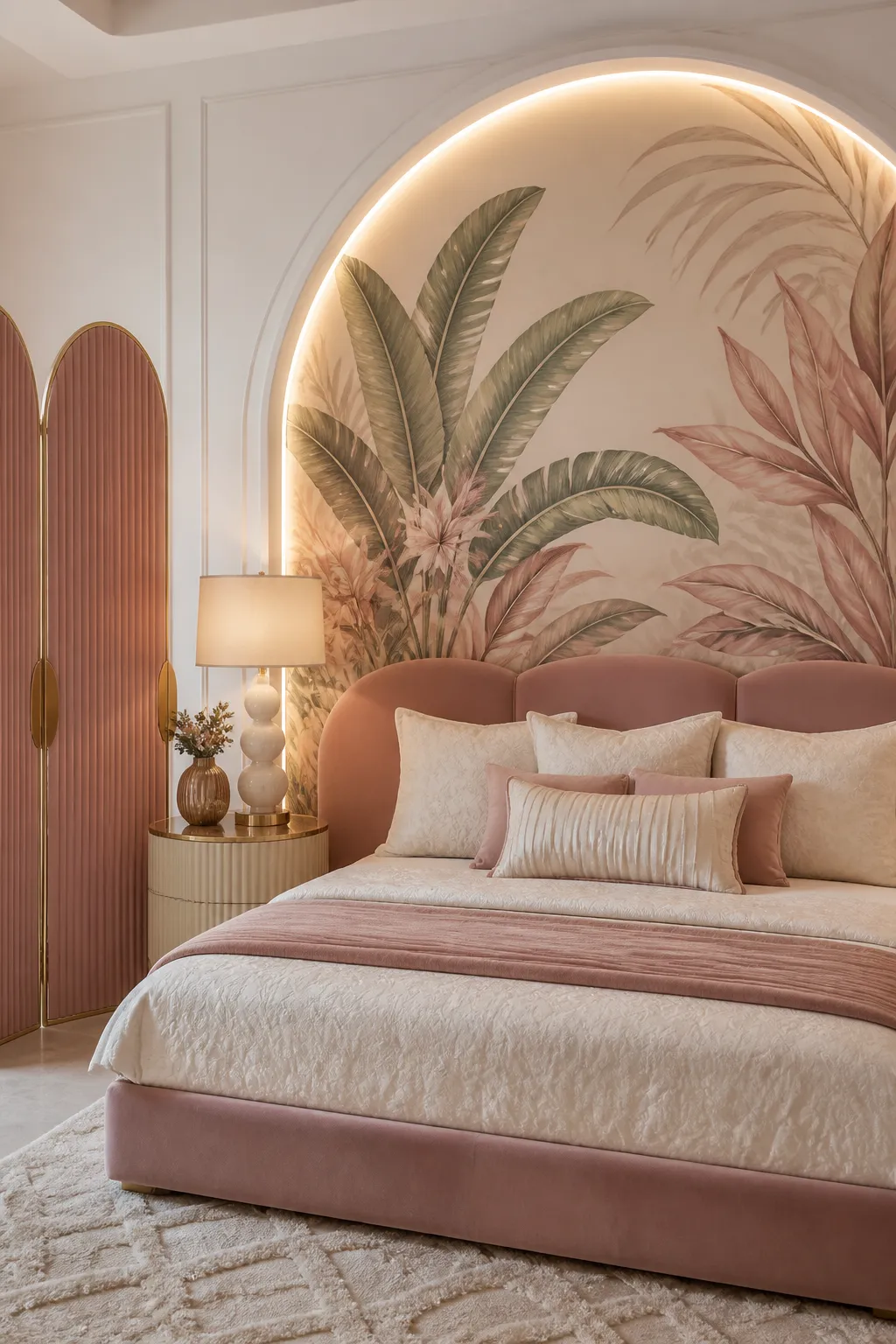 Luxury bedroom with an arched mural nook featuring green banana leaves and pink foliage.