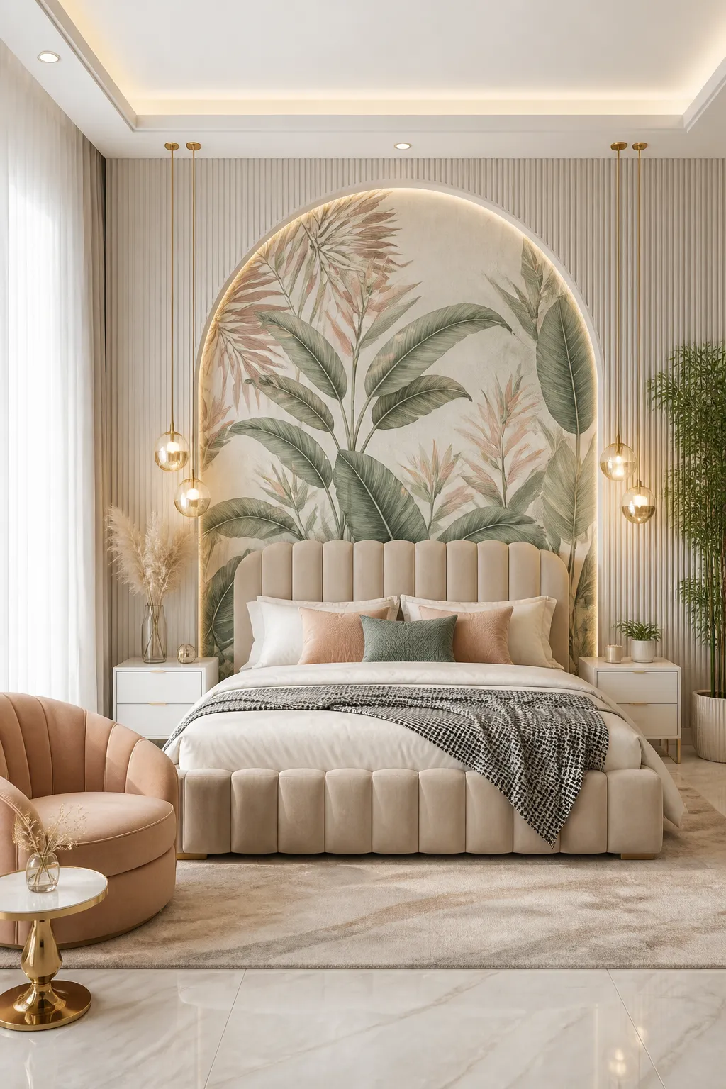 Elegant bedroom with an arched wall niche, botanical wallpaper, and pink accents.