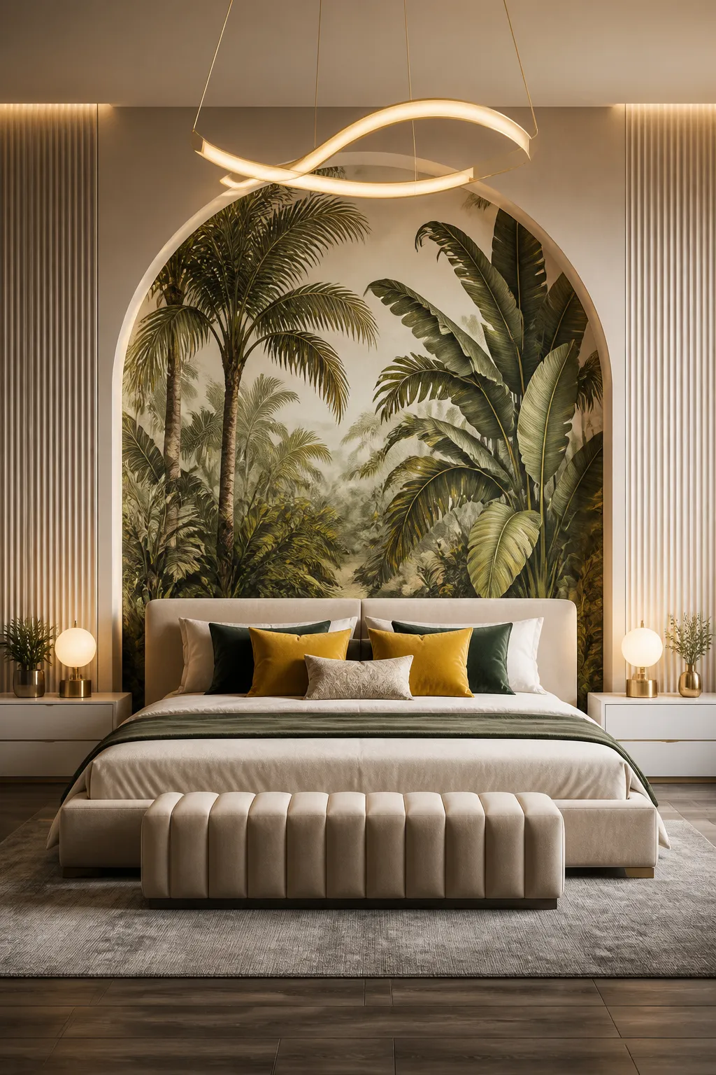 Master bedroom with an arched tropical mural, mustard yellow accents, and fluted panels.