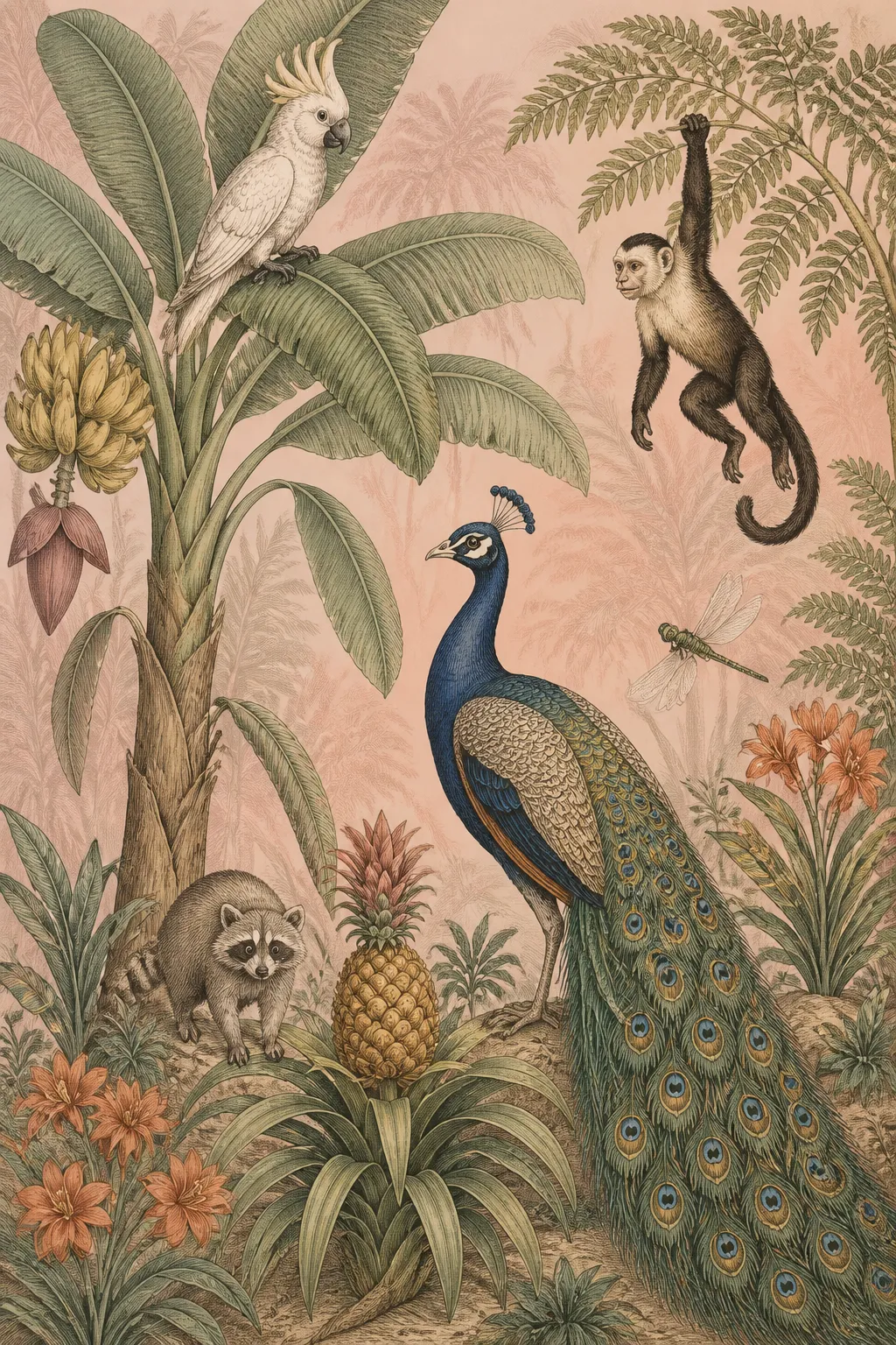Vintage jungle mural featuring a cockatoo, monkey, and peacock in a tropical forest.
