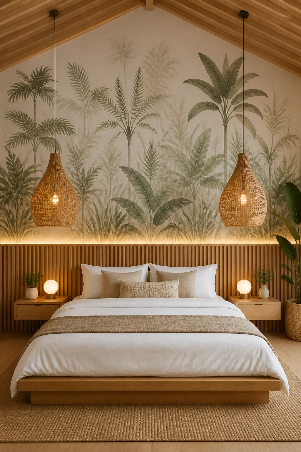 Japandi bedroom with a slatted wood ceiling, rattan pendants, and a fern mural.