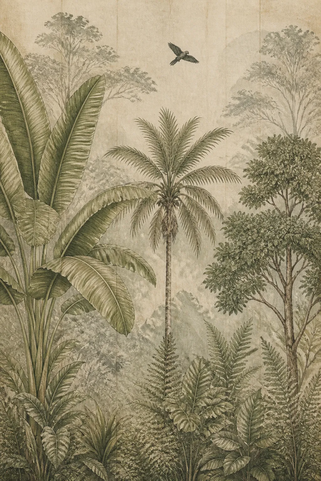 Hand-sketched vintage botanical mural with sage green banana leaves and a bird silhouette.