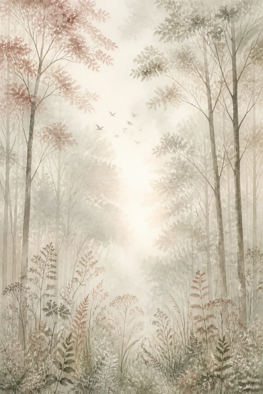 Misty forest landscape mural with soft painterly trees and wild grasses.