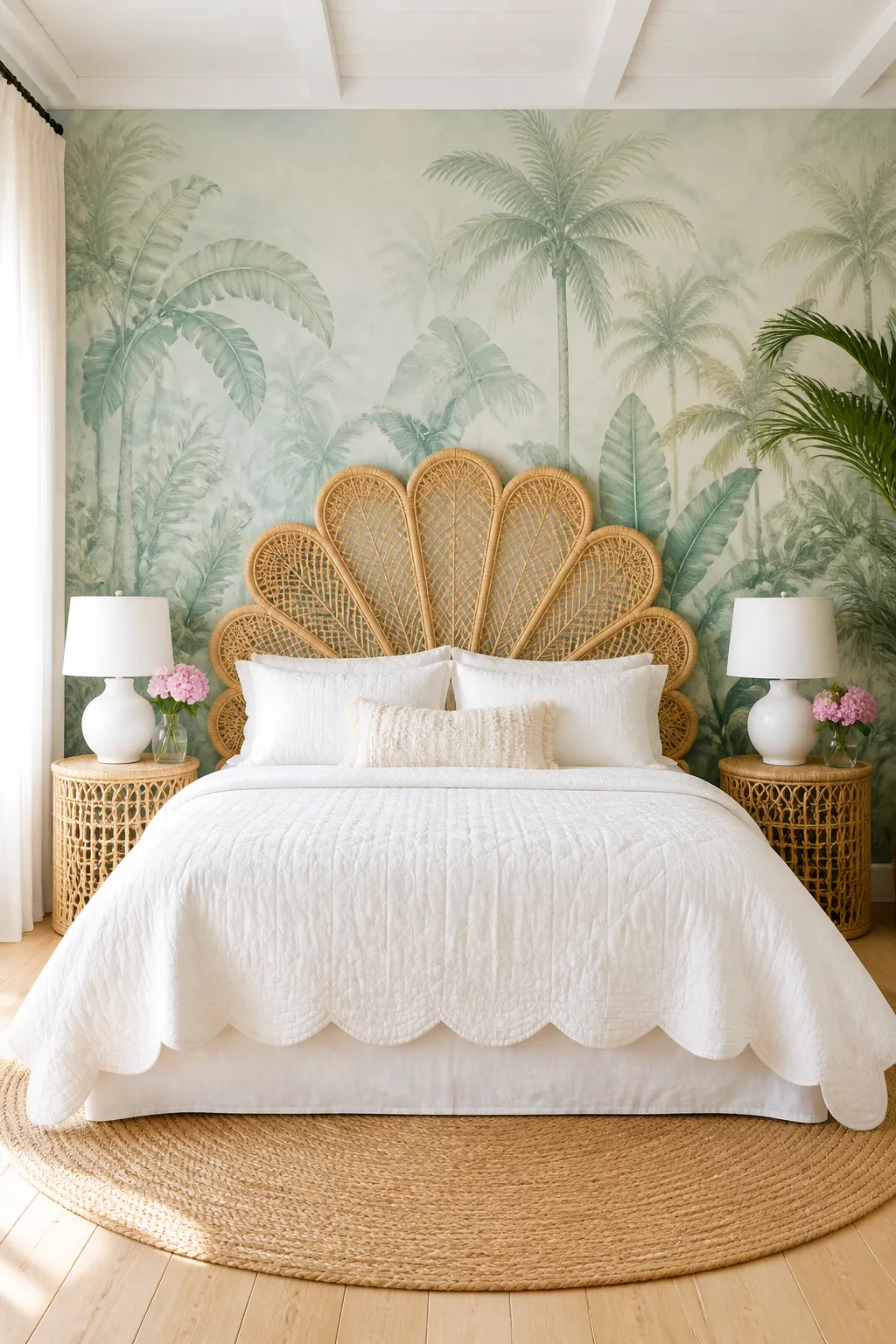 Bedroom with a shell-shaped rattan headboard and misty teal tropical wallpaper.