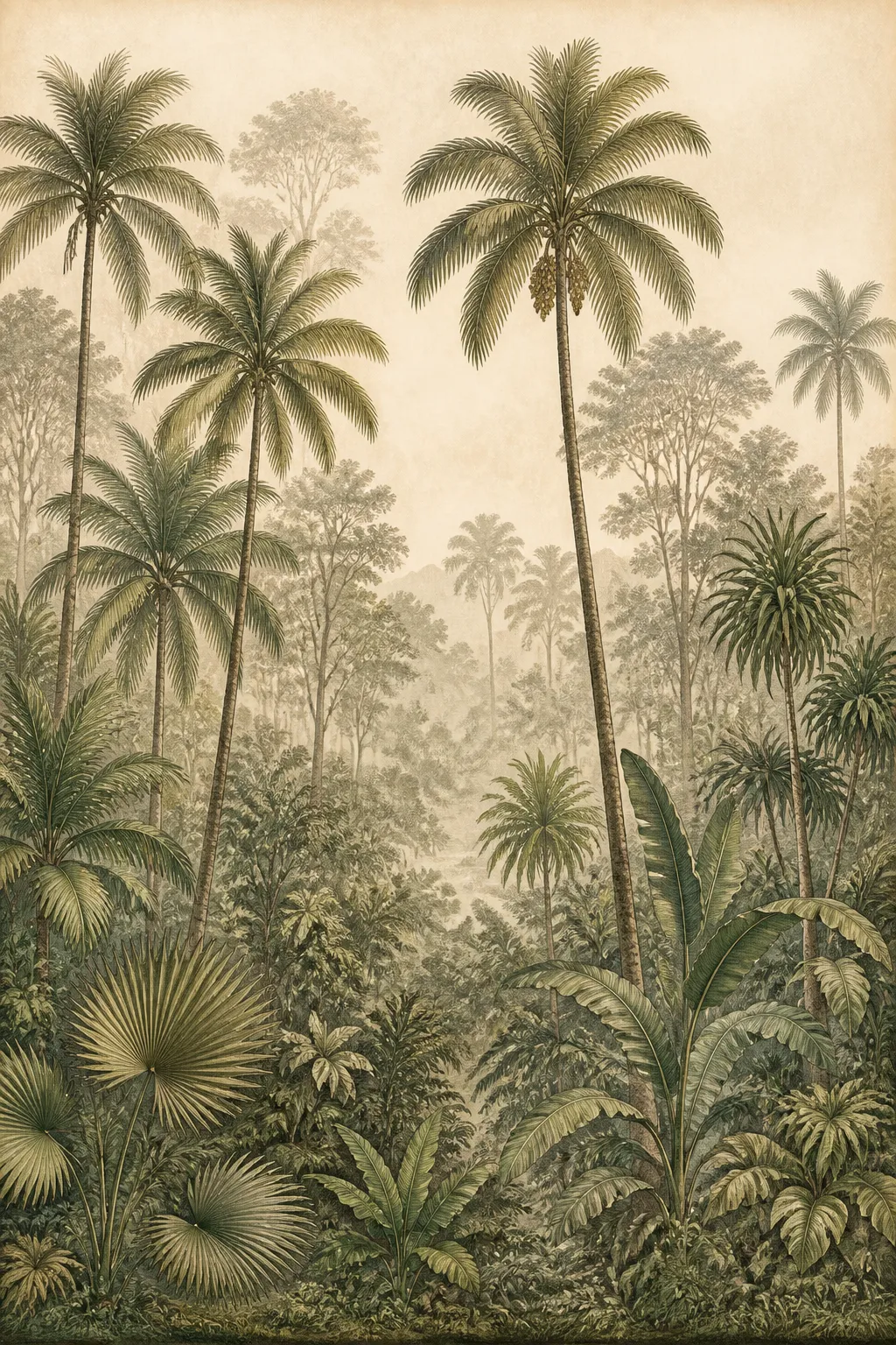 Panoramic vintage botanical mural featuring misty palm trees and lush undergrowth.