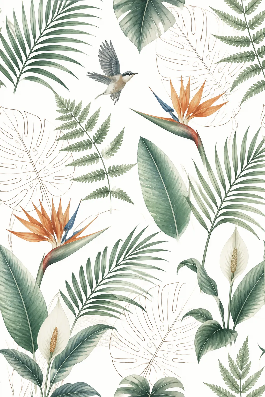 Seamless botanical pattern with green palm fronds, watercolor ferns, and line-art leaves.